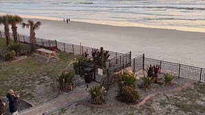 A beach view with a pathway, palm trees, and a fence. - Oceanview King Studio - Outside Terrace, Beachfront Pool & Tiki (Daytona Beach)