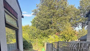 A narrow pathway leading to a wooden fence with a metal gate, surrounded by a garden with a variety of plants and trees. - 2 Bed - Sleeps 4 - Garden - Free Parking (Wednesfield)