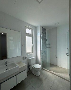 Dusche, Haartrockner, Handtücher, Seife