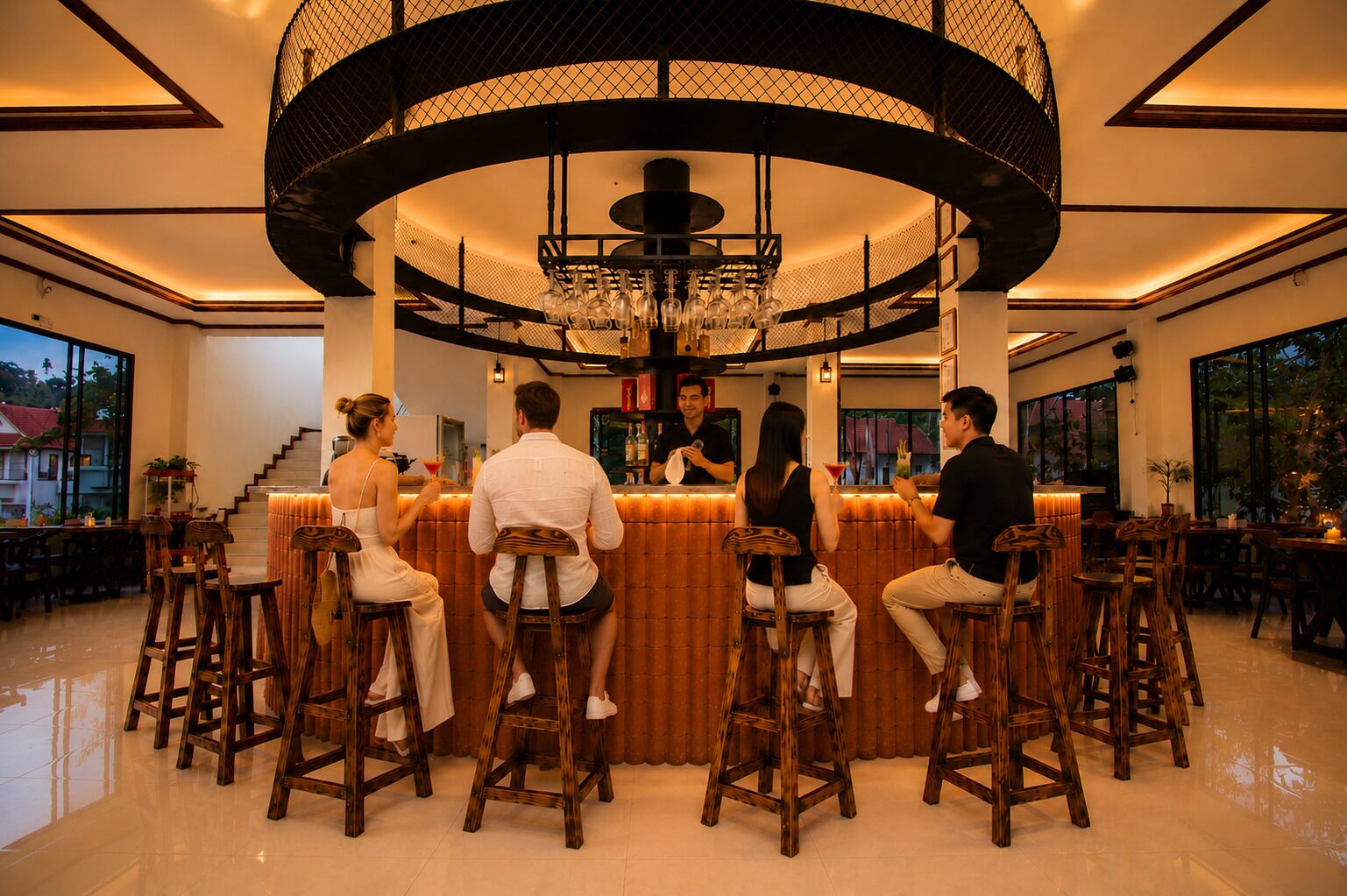A bar area with a circular design, wooden stools, and a bartender.