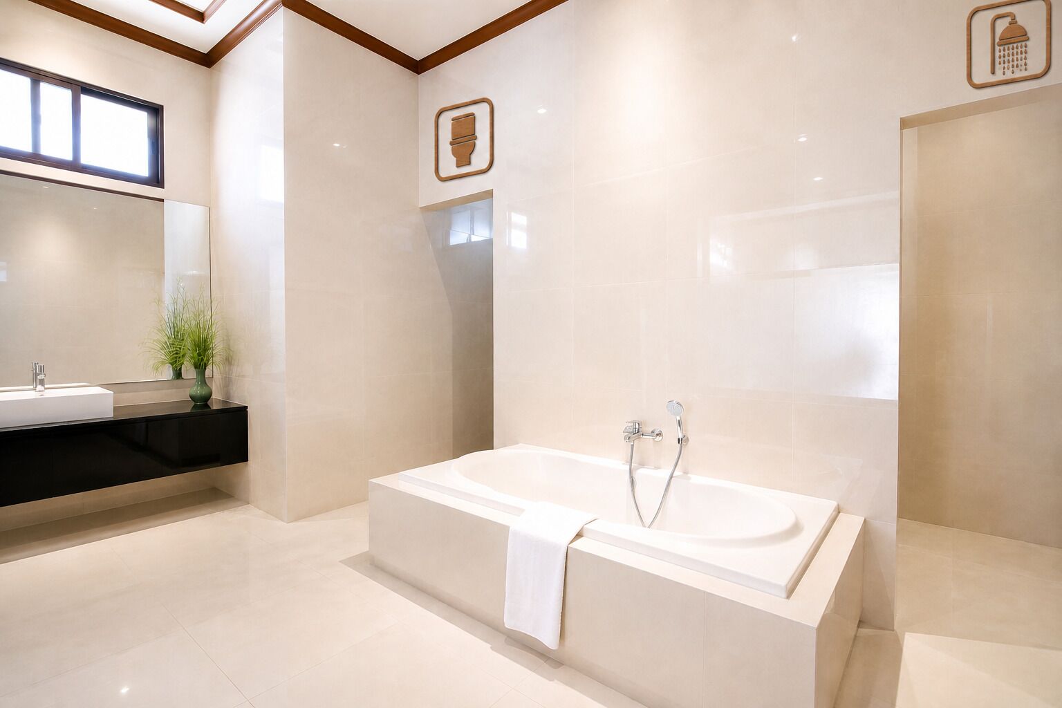 A modern bathroom with a large bathtub, a vanity with a mirror, and a potted plant.