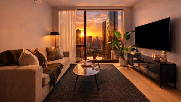 Ein modernes Wohnzimmer mit Sofa, Couchtisch, Fernseher und Blick auf eine Stadtlandschaft bei Sonnenuntergang.