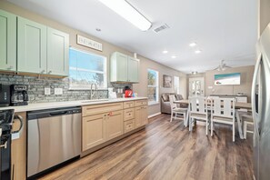 Fridge, microwave, oven, stovetop - Downtown Gulf Shores Duplex w/ Private Pool, Dog Friendly | BEACHBALL PROPERTIES (Gulf Shores)