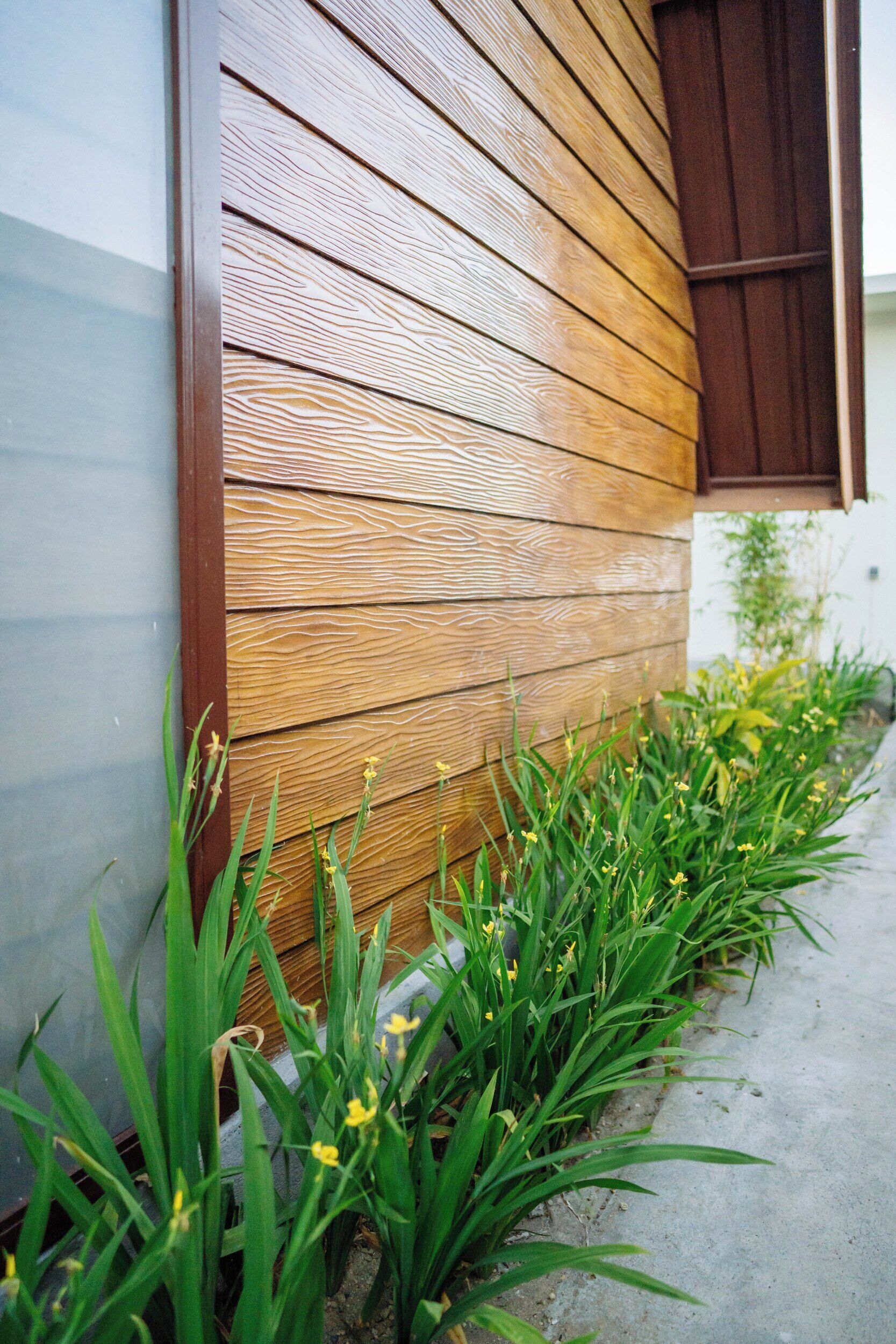 A wooden exterior wall with a window, accompanied by green plants and yellow flowers.