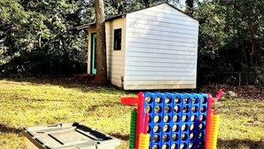 A shed, a plastic container, and a toy structure in a grassy area.