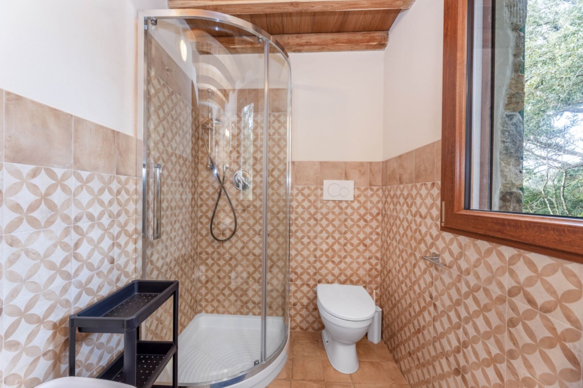 A bathroom with a shower enclosure, a toilet, and a window.