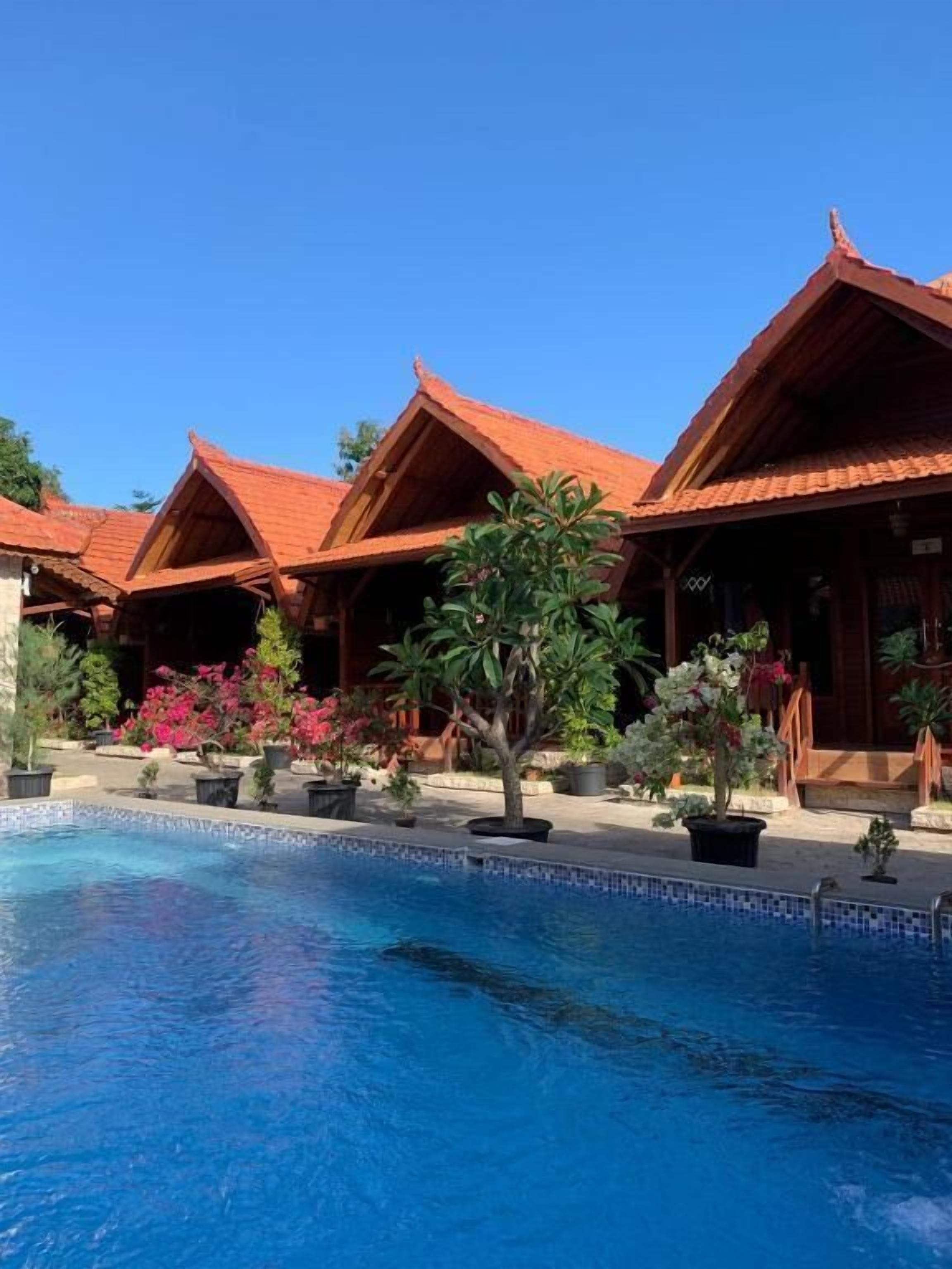 Outdoor pool, pool umbrellas, sun loungers