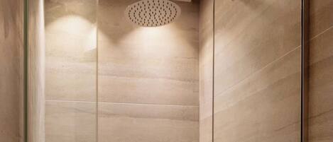 Eine moderne Dusche mit Handbrause und Deckenbrause, umgeben von Glastüren und einem Metallgriff.