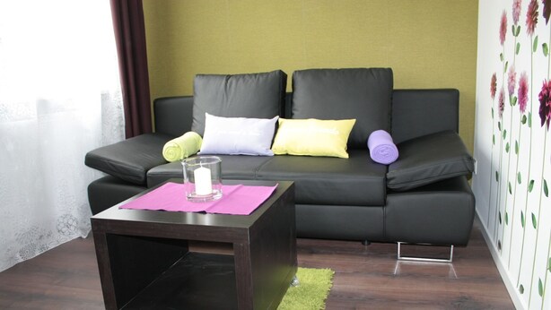 A modern living room with a black leather sofa, a glass coffee table, and a green rug. - Govienna Small Modern Apartment (Vienna)