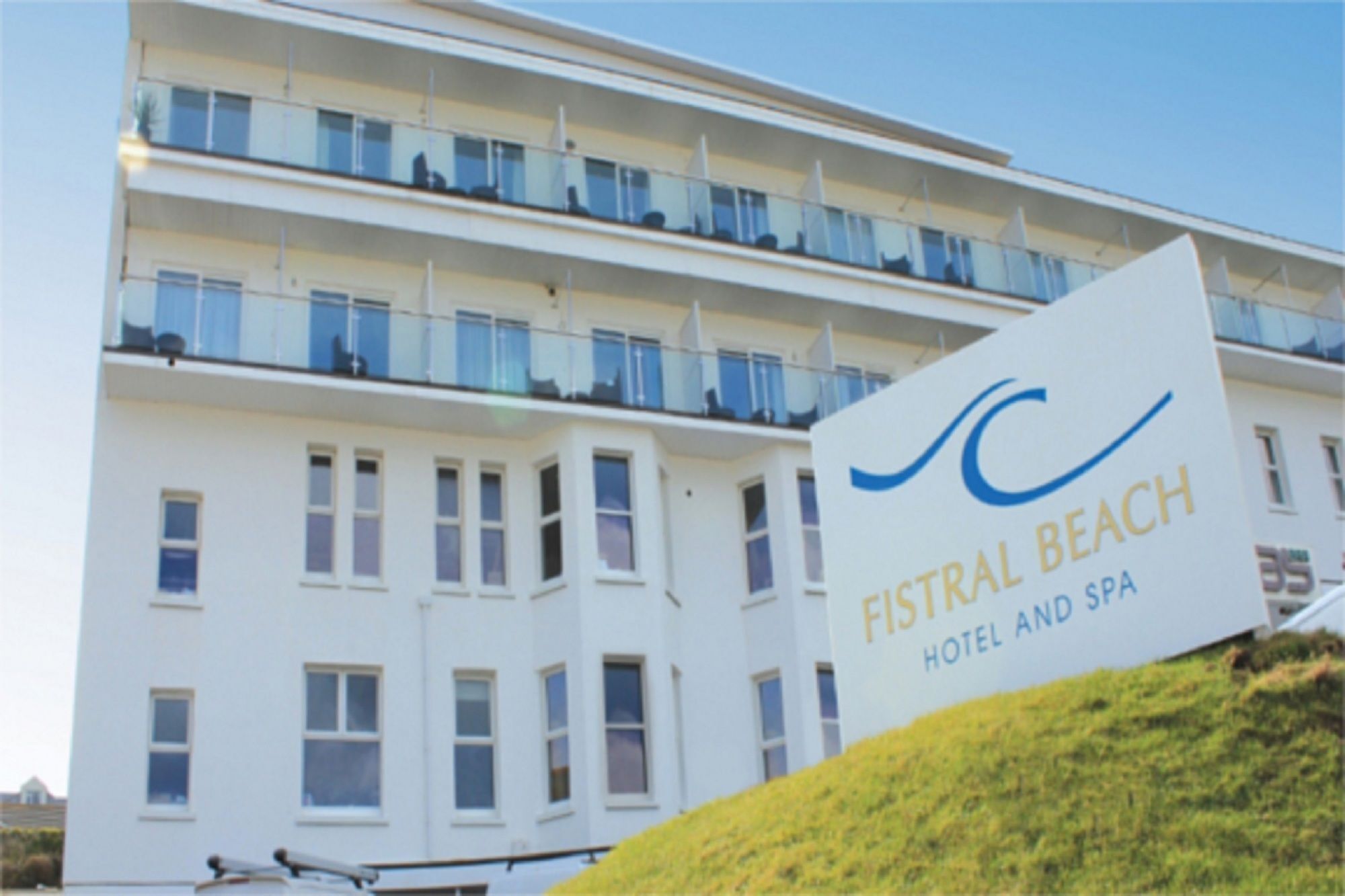 A multi-story building with balconies, labeled as 'Fistral Beach Hotel and Spa'.