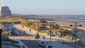 En kustväg med en strand i bakgrunden, med en gångväg, parkerade bilar och en skylt som visar att det är förbjudet att köra in.
