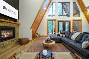 Smart TV, fireplace, books