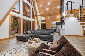 Smart TV, fireplace, books