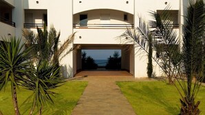 A modern building with a central entrance, surrounded by palm trees and a pathway leading to the entrance.