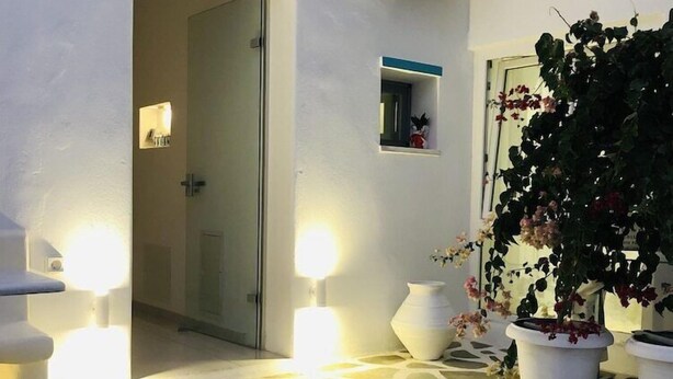 A stone-tiled entrance with two wall-mounted lights, a potted plant, and a doorway leading inside. - Studios Taki's Place (Naxos)