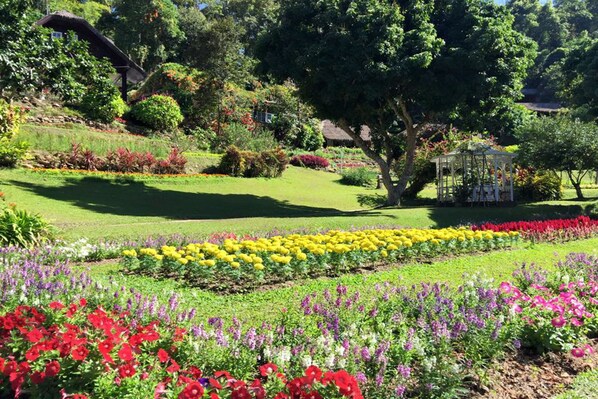 A garden with various flower beds, a gazebo, and trees. - Maesa Valley Garden Resort & Craft Village (Mae Rim)