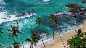A beach with clear turquoise water, palm trees, and rocky outcrops. - Mirissa Beach Villa (Thalaramba)