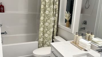 Hair dryer, towels, soap, toilet paper