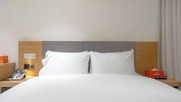 A hotel room with a bed, a bedside table with a phone, a tissue box, and a remote control.