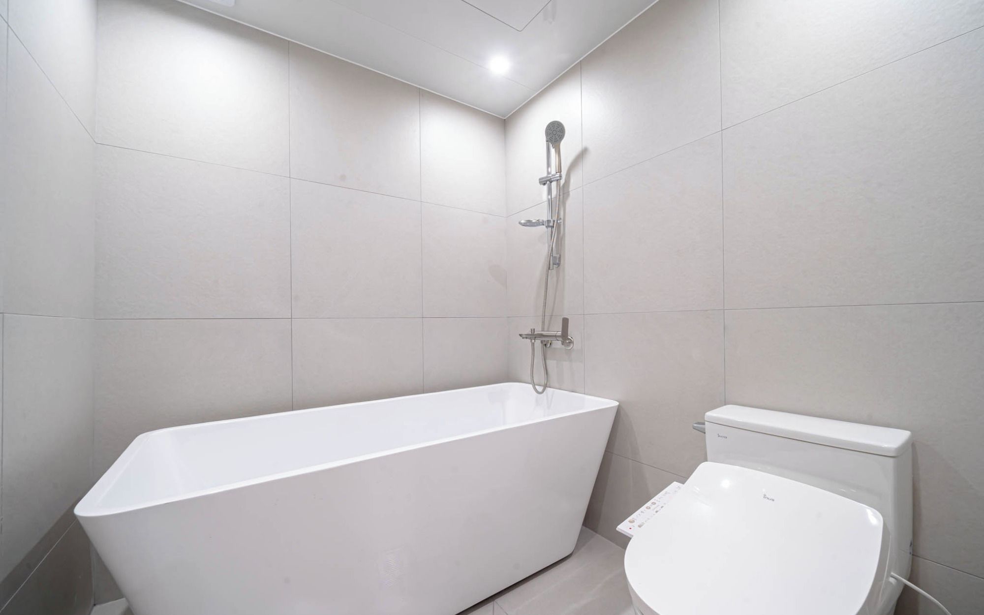 A modern bathroom with a freestanding bathtub, a toilet, and a shower unit.