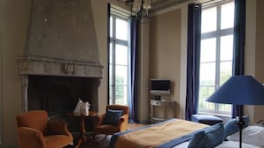Una habitación de hotel con chimenea, una cama, un televisor y un escritorio.