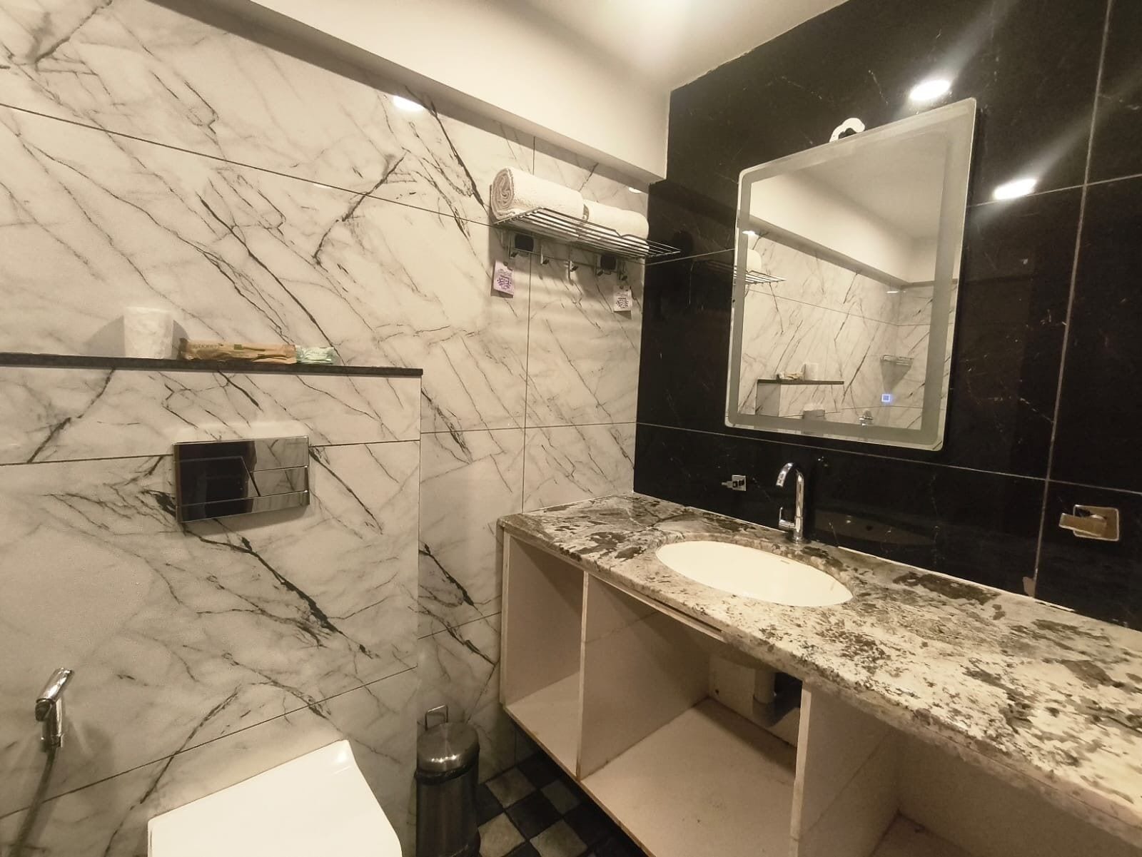 Shower, towels, soap, shampoo