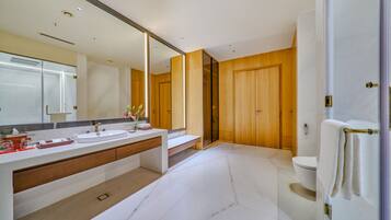 Un baño moderno con un espejo grande, un lavabo y un inodoro.