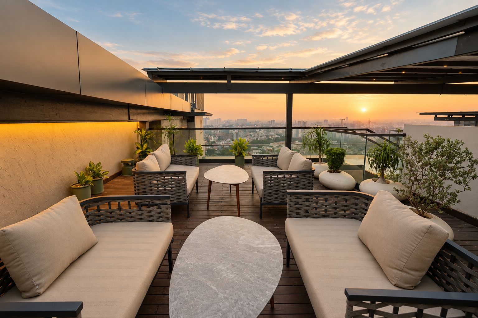 Eine Dachterrasse mit Sitzgelegenheiten im Freien, Topfpflanzen und Blick auf die Stadt bei Sonnenuntergang.