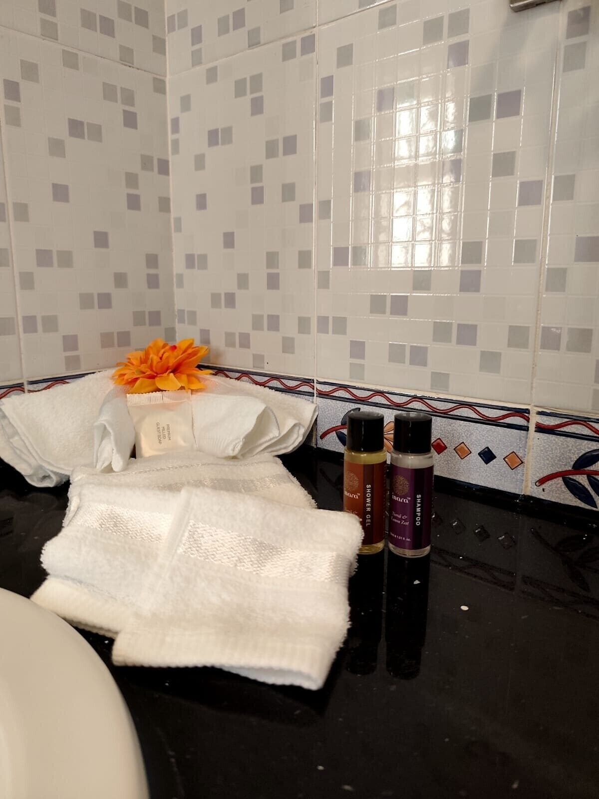 Une salle de bain avec des murs recouverts de carreaux blancs, un comptoir noir et une bordure décorative en carreaux. On y trouve deux bouteilles de shampoing et une serviette blanche pliée sur le comptoir.