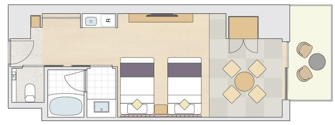 A hotel room layout with a bathroom, a kitchenette, a dining area, and a bed.