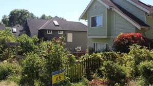 Bairro residencial com casas, placa de 'Reduza a Velocidade' e vegetação variada.