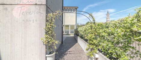 Un estrecho sendero bordeado de plantas en macetas que conduce a la entrada de un edificio.
