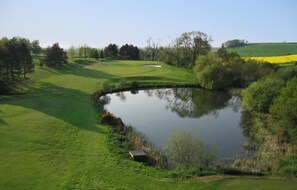 Een golfbaan met een vijver, glooiende groene heuvels en bomen.