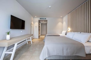 Una habitación de hotel moderna con una televisión de pantalla plana, un banco de madera, dos camas, una planta en maceta y un vestidor.