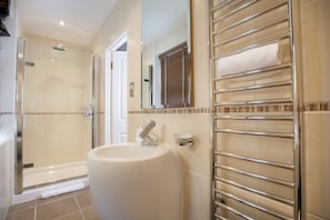 Une salle de bain avec une douche à parois de verre, un lavabo muni d’un porte-serviettes et un miroir.