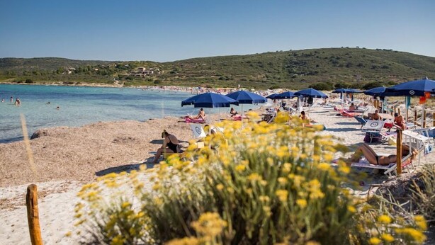 A beach with sun loungers and umbrellas, a clear blue sea, and a hilly landscape in the background. - TH San Teodoro Liscia Eldi Village (San Teodoro)