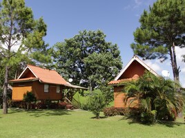 Dos cabañas de madera con tejados rojos, rodeadas de abundante vegetación y árboles.