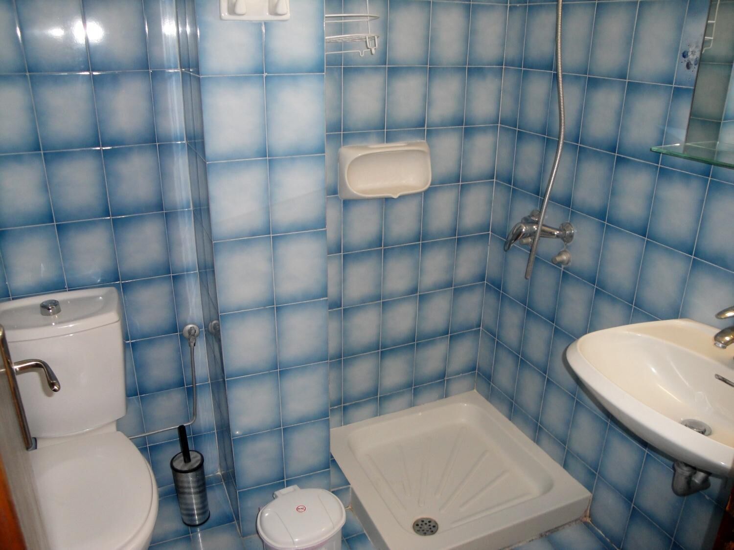 A bathroom with a toilet, sink, and shower.