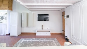 A compact living space with a kitchenette, a flat-screen TV mounted on the wall, and a patterned rug on the floor. - San Niccolo Loft (Florence)
