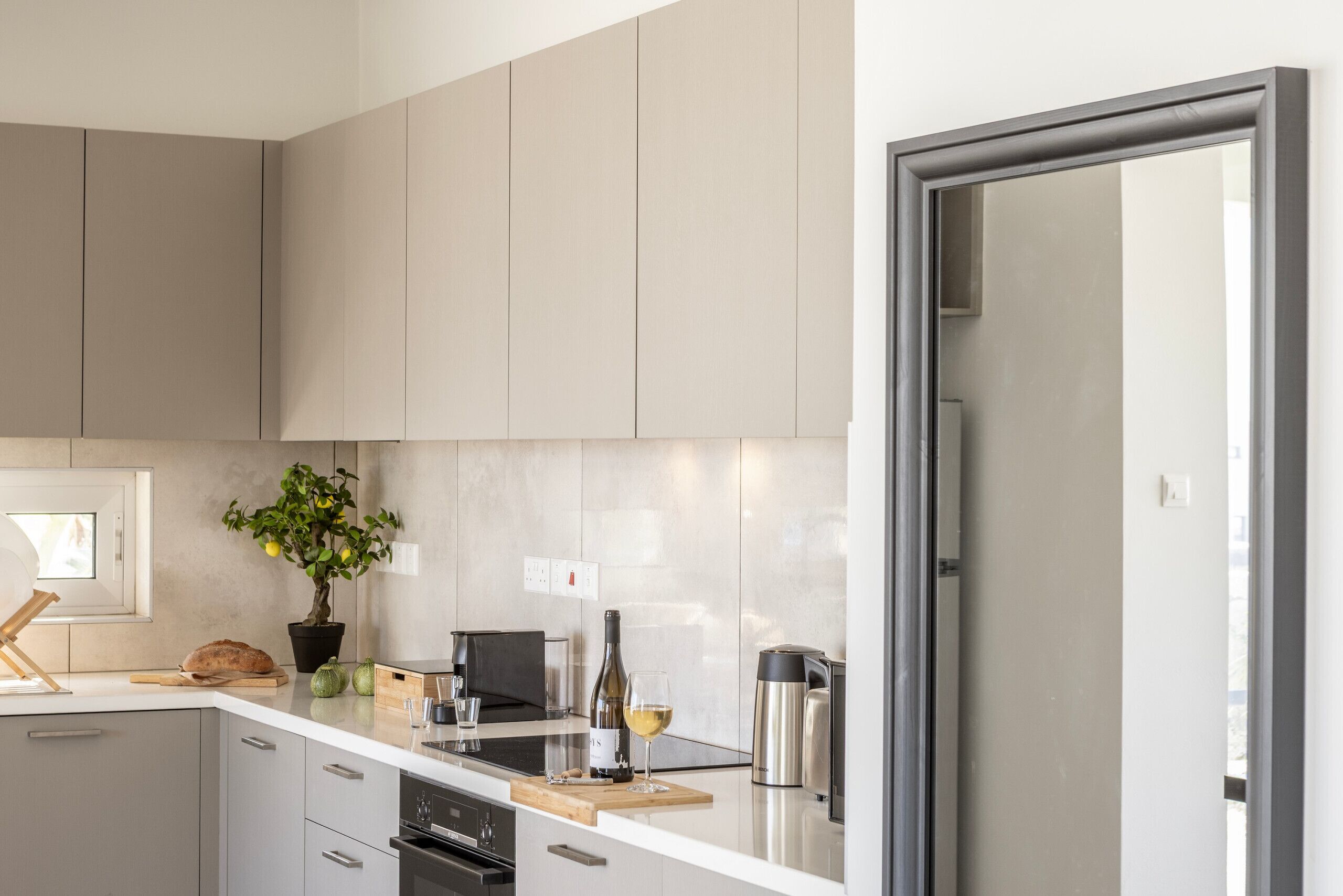 A modern kitchen with a white countertop, a potted plant, a wine bottle, and a coffee maker.