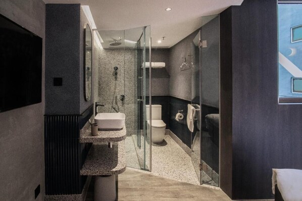 A modern bathroom with a glass shower enclosure, a freestanding sink, and a toilet.