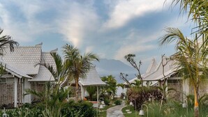 A pathway leading to a row of white-roofed buildings surrounded by lush greenery and palm trees.