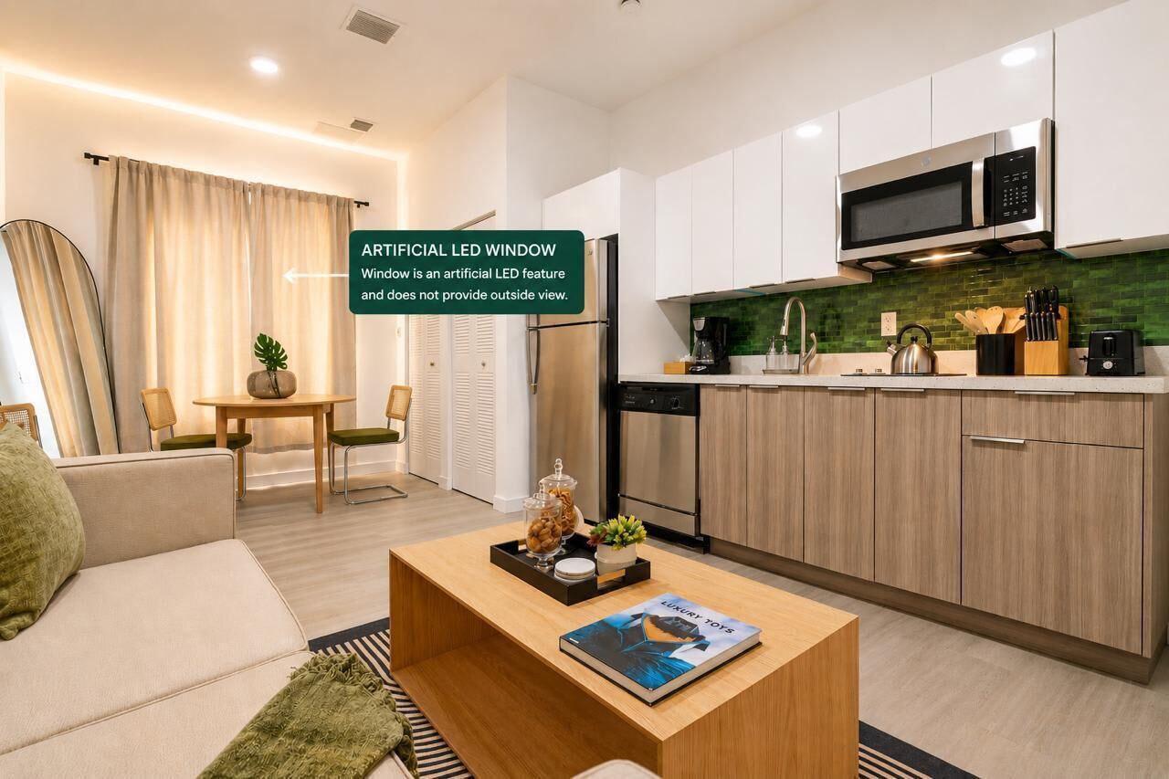 A modern kitchen with white cabinets, a microwave, and a dining area with a table and chairs.