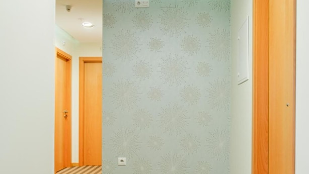 A hallway with patterned wallpaper, wooden doors, and a striped carpet. - Hotel D. Dinis (Leiria)