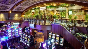 A casino with multiple gaming machines, a panoramic view area, and a balcony with greenery. - Park Casino And Hotel (Nova Gorica)