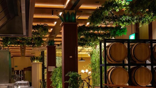 A hotel corridor with wooden flooring, a long table with chairs, potted plants, and a rack of wooden barrels. - Park Casino And Hotel (Nova Gorica)