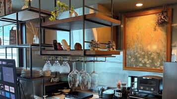 Fridge, microwave, stovetop, cookware/dishes/utensils