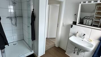 Shower, hair dryer, towels