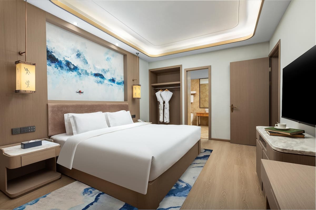 Habitación de hotel con una cama grande, mesitas de noche, un televisor, un armario y un baño visible a través de una puerta abierta.