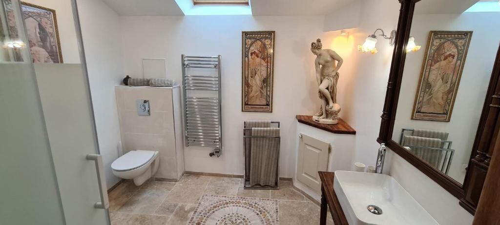 A bathroom with a toilet, a sink, a shower, and a radiator.